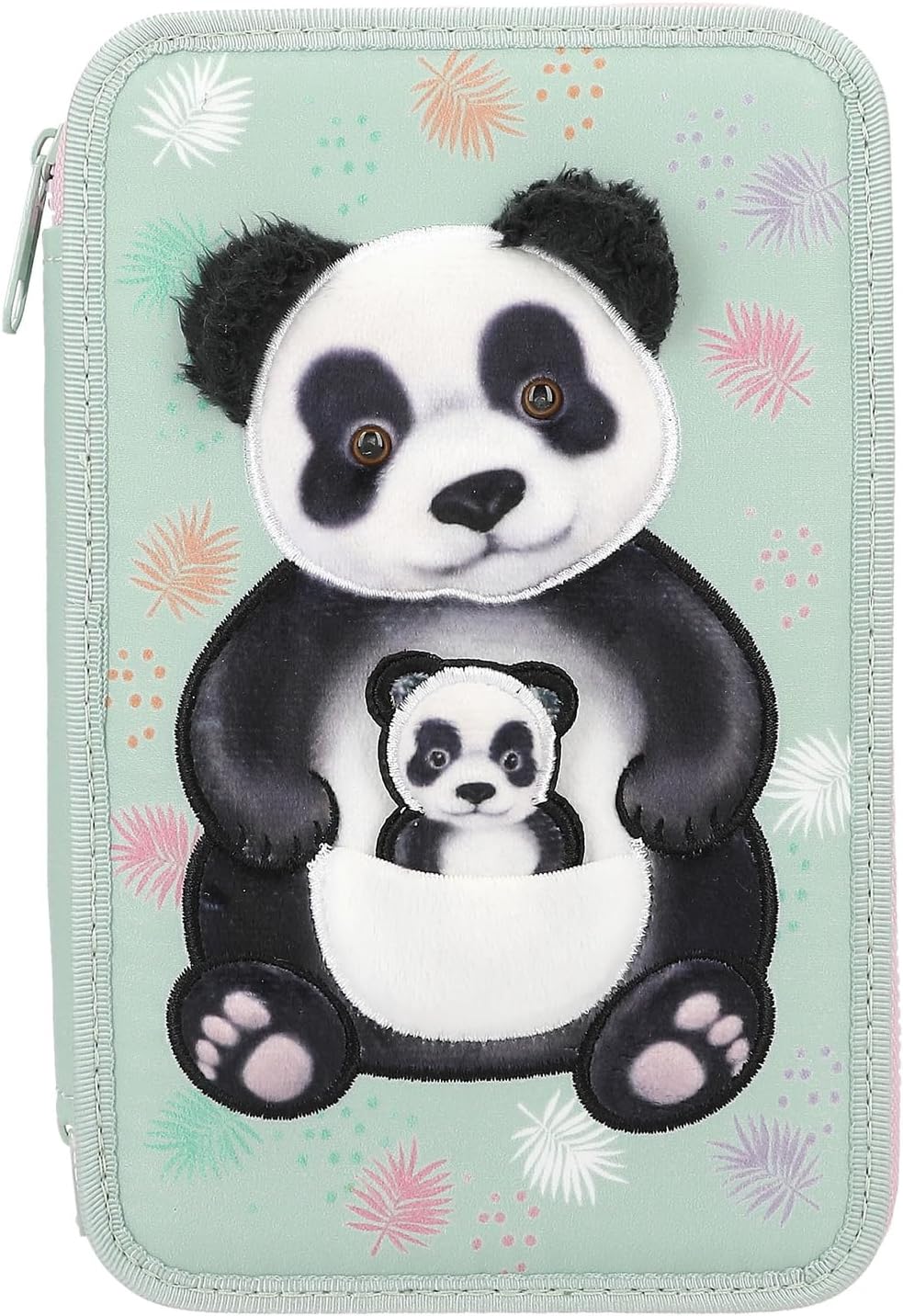 Depesche 12786 TOPModel Wild-Filled 3-Compartment Pencil Case in Mint Green, with Panda Applique, Leaves Pattern, Pencil Case with Colouring Pencils, Ruler, Scissors and Much More, Pink