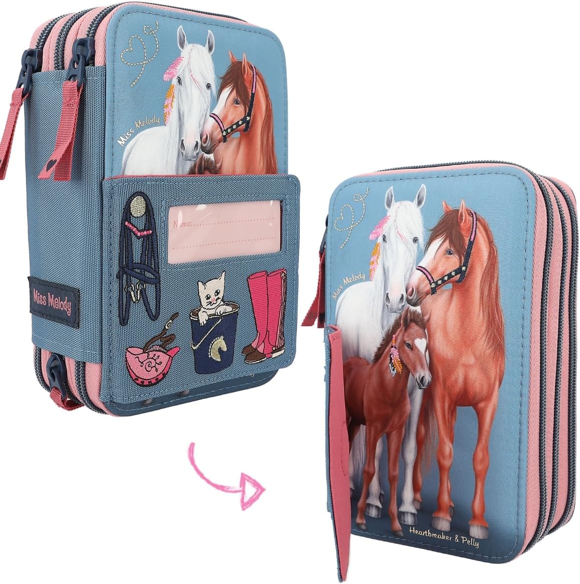 Depesche 12535 Miss Melody My Little Farm - Filled 3-Compartment Pencil Case with Embroidery Decorations and a Name Card Slot, Pencil Case with Colouring Pencils, Ruler, Scissors and Much More, blue,