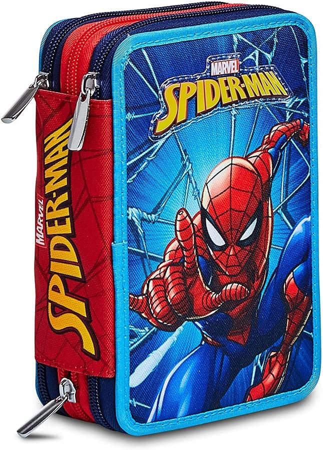 Seven Pencil Case, Multicoloured, Sustainable Fabric, Pencil Case for Stationery, with Pens, Ballpoint Pen & More, 3 Compartments, Girls & Boys, School & Primary School, XXL Spiderman Marvel, blue,