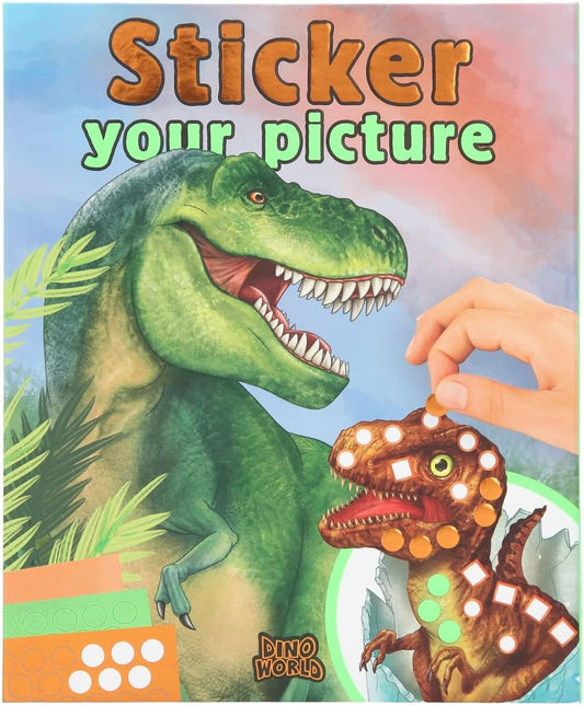 Depesche 11882 Dino World Sticker Your Picture Sticker Book with 25 Pages Full of Dinosaur, Jungle and Prehistoric Designs to Complement, with 10 Sticker Sheets in Different Shapes and Colours