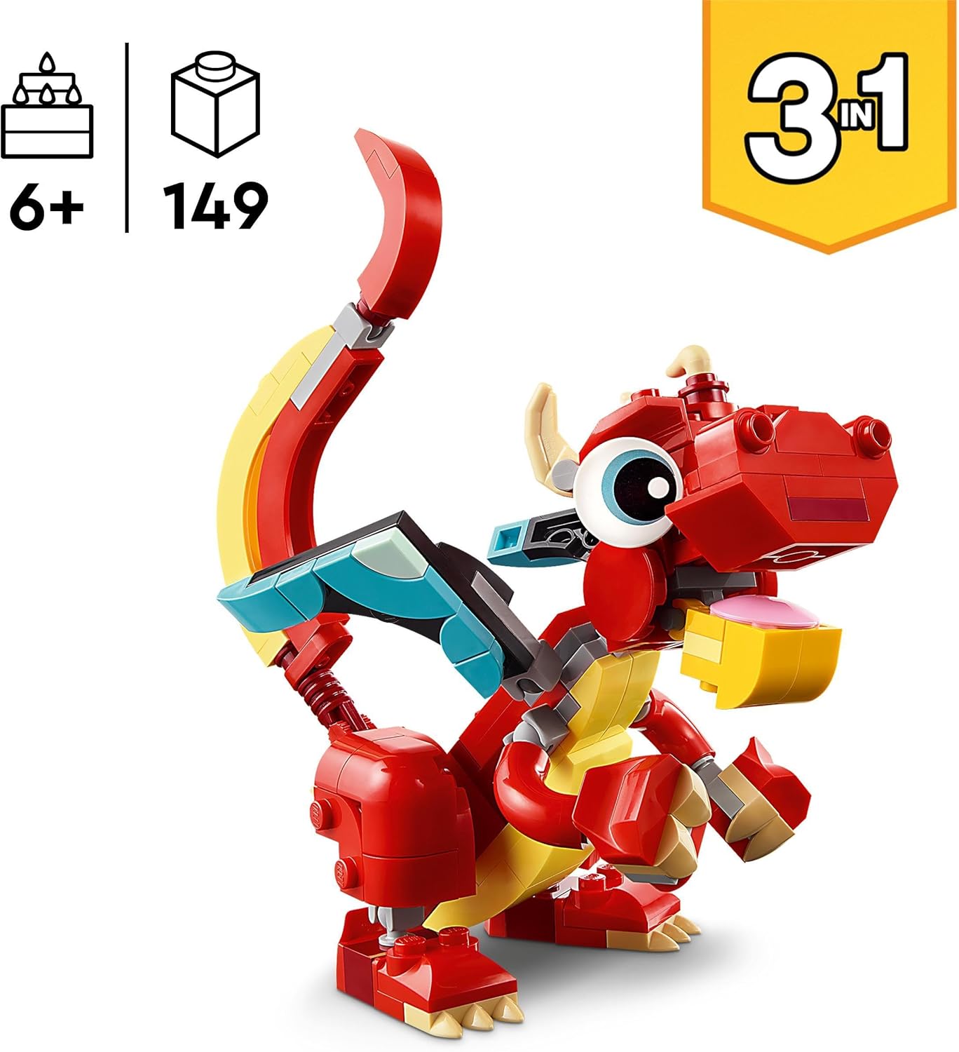 LEGO Creator 31145 3-in-1 Red Dragon, Toy with 3 Animal Figures Including Red Dragon, Fish and Phoenix, Animal Set for Children, Gift for Boys and Girls from 6 Years