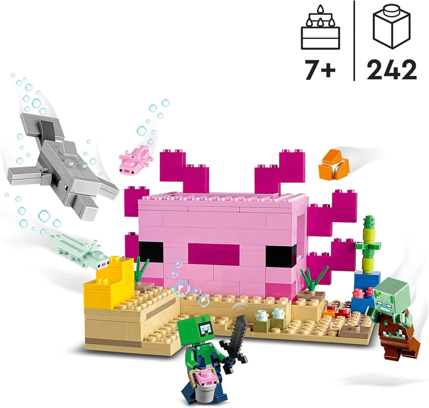 LEGO 21247 Minecraft The Axolotl House Set, Buildable Pink Underwater Base with Diving Explorer, Zombie, Dolphin and Puffer Figures, Adventure Toy for Kids, Girls, Boys from 7 Years