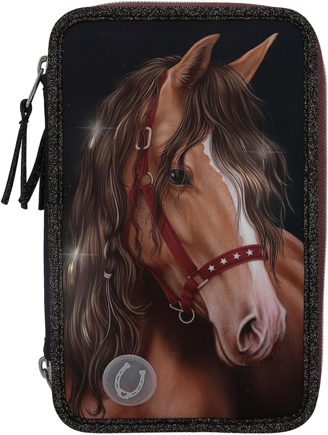 Depesche 13190 Miss Melody Glitter Horse-Filled 3-Compartment Pencil Case in Dark Blue, with Horse Motif, Glitter and LED Lights, Pencil Case with Colouring Pencils, Ruler, Scissors and Much More,