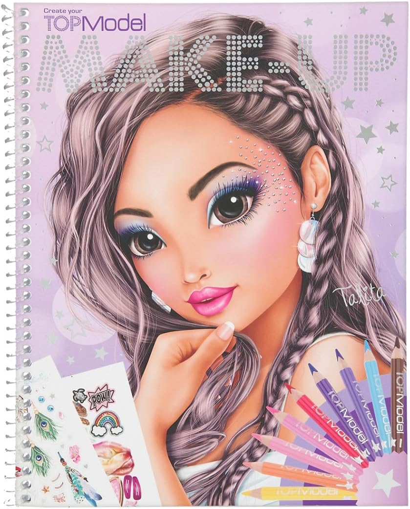 Depesche TOPModel 10728 Colouring Book Create Your Make-Up, Colouring Book with Stickers, 20 Pages with Pre-Printed Faces for Colouring and Colouring, Approx. 24 x 19.5 x 1 cm