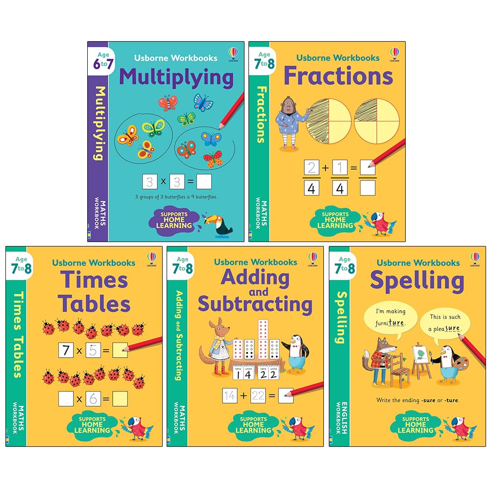 Usborne Workbooks Home Learning Age 6-8 Collection 5 Books Set (Multiplying, Fractions, Times Tables, Adding and Subtracting, Spelling)