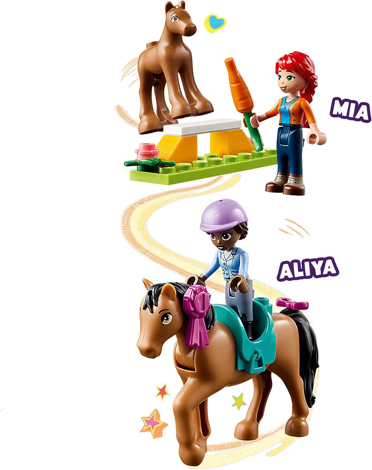 LEGO 41746 Friends Riding School Set with 2 Toy Horses, Aliya and Mia Mini Dolls, Riding Stable and Horse Toy, Animal Care Gift for Children, Girls and Boys from 4 Years