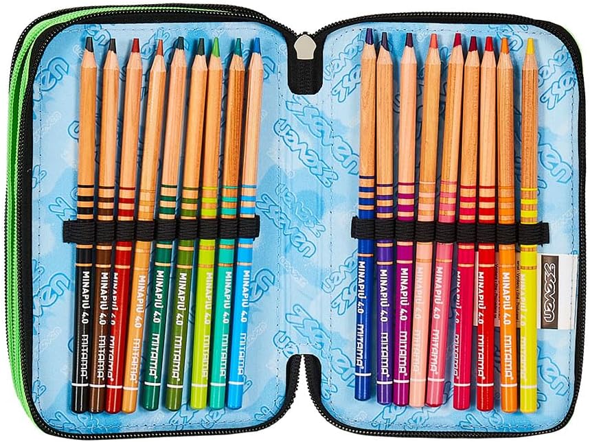 Seven Pencil Case with 3 Compartments Black 3 Compartments Complete with Pencils, Felt Tip Pens, Colours, Accessories Backpack, Primary School, Medium, Top, Kids and Boys, Black, School, black, School