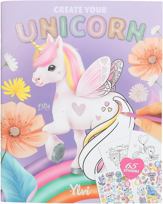 Depesche 13394 Ylvi Create Your Unicorn Colouring Book with 13 Pages for Designing Unicorn Motifs, Includes 1 Double Page Sticker, Multi-Coloured