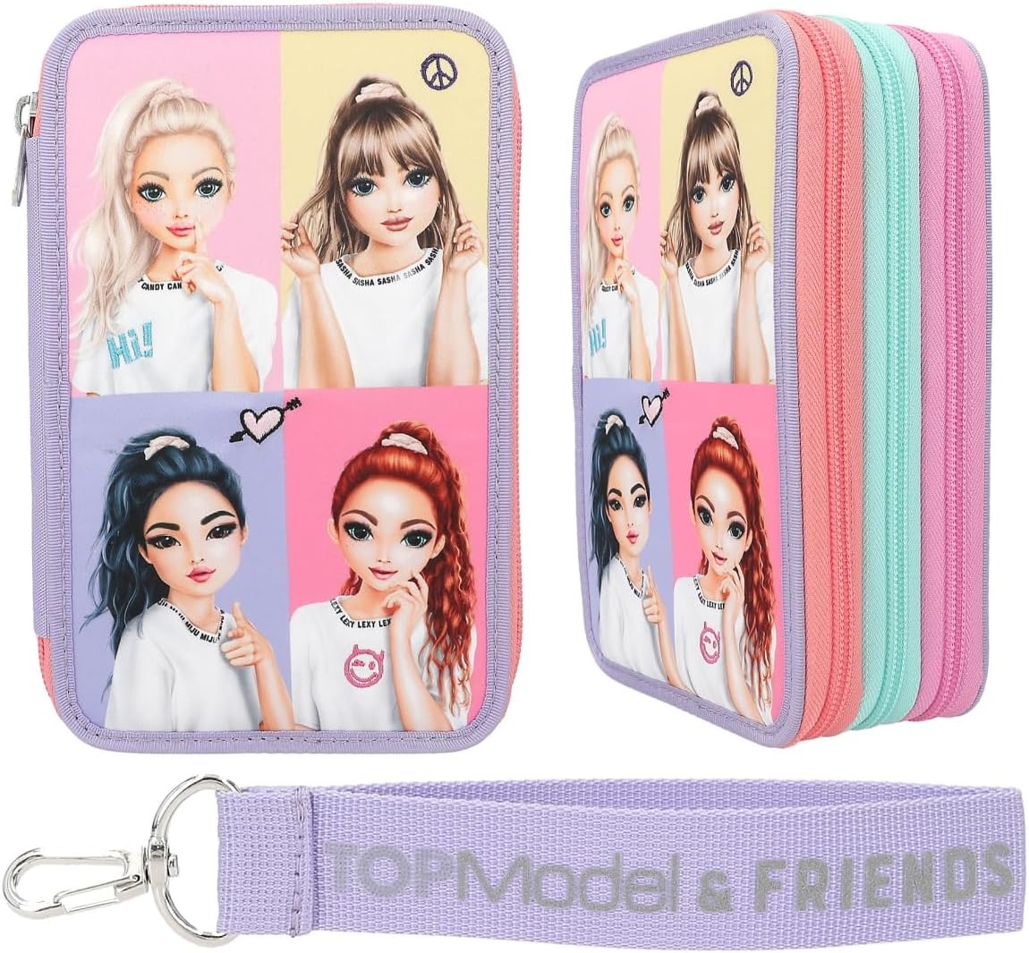 Depesche 12591 TOPModel Snap Shots - Filled 3-Compartment Pencil Case with Cute Embroidery Details, Pencil Case with Colouring Pencils, Ruler, Scissors and Much More