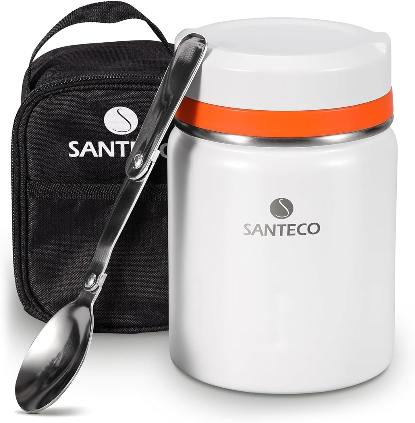 SANTECO Thermal Food Container, 500 ml, 18/8 Stainless Steel Warming Container, Food Container with Spoon and Portable Insulated Bag, Cold for 24 Hours