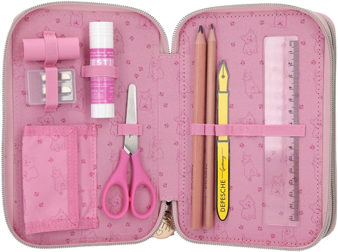 Depesche 12001 TOPModel Corgi - Filled 3-Compartment Pencil Case in Pink with Model Motif and Small Corgi, Pencil Case with Colouring Pencils, Ruler, Scissors and Much More, Pink, playful