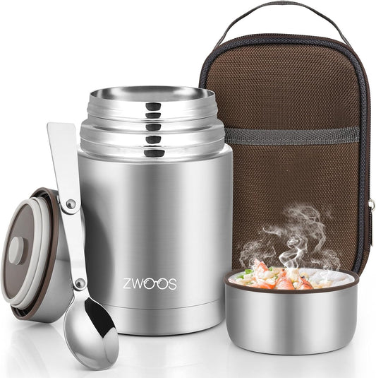 ZWOOS 800 ml Thermal Container for Food, 316 Stainless Steel Heat Container for Food, Leak-Proof Thermal Mug Food with Stainless Steel Spoon, 12 Hours Hot, 12 Hours Cold (Silver)