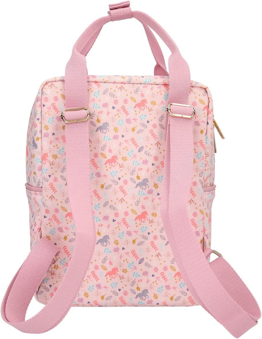 Depesche 11728 Miss Melody Summer Garden Small Backpack in Rose with Subtle Design of Flowers and Horses, Daypack with Large Main Compartment, One Front Pocket, Extra Inner Compartment and Carabiner