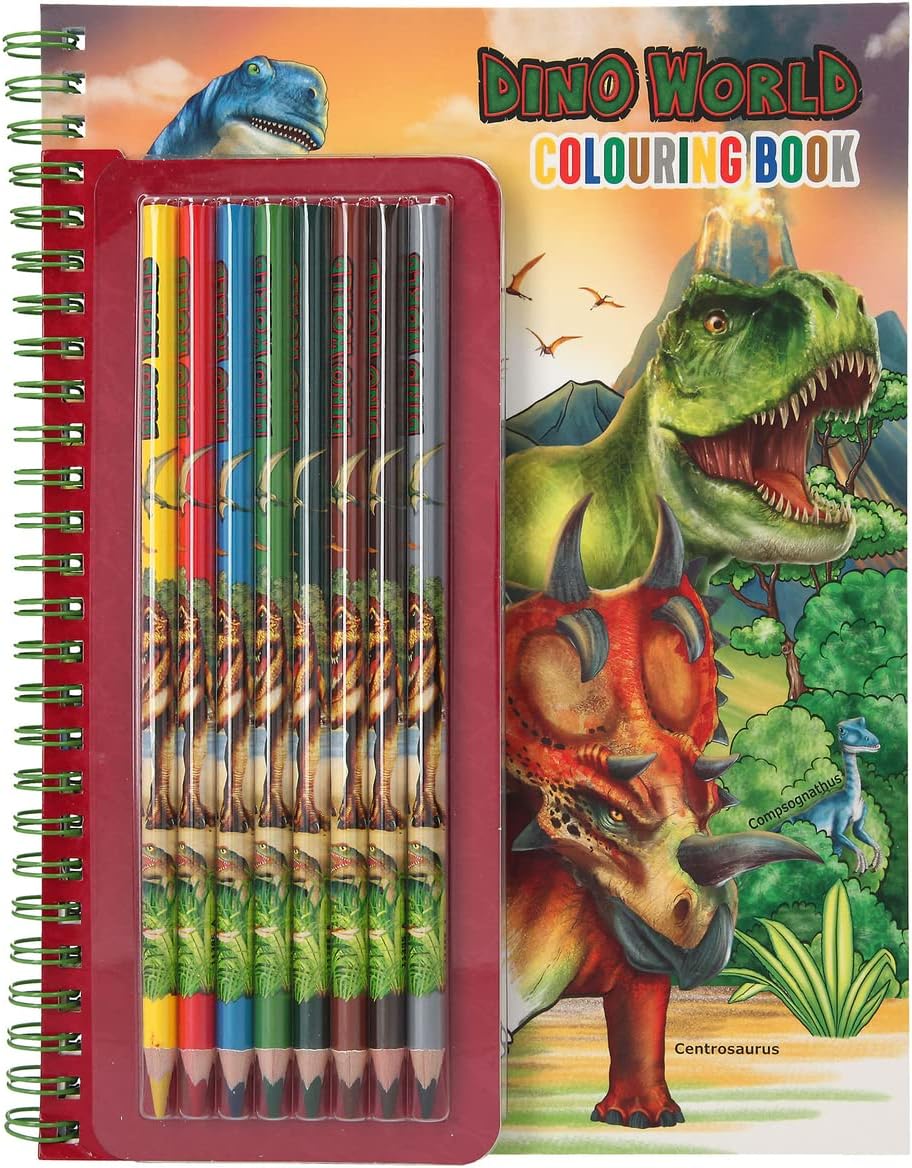 Depesche 11385 Dino World Colouring Book Including Small Pen Set of 8 Colouring Pencils, a Sticker Sheet and Many T-Rex, Dinosaurs and Jungle Motifs for Colouring and Sticking