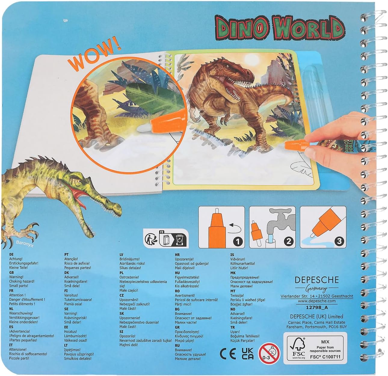 Depesche 12798 Dino World Aqua Magic Colouring Book with Hidden Dinosaur Motifs, Creative Book with 5 Repaintable Pages and a Water Pen