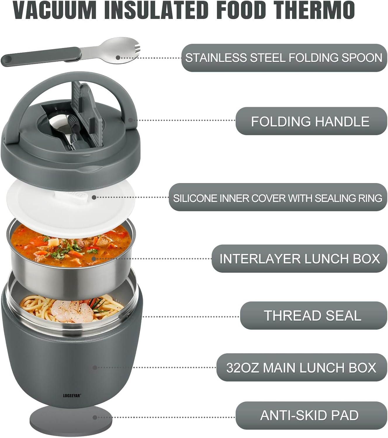 Itslife Thermal Food Container 970 ml, Thermal Bowl with Lid, Stainless Steel Warming Container with Spoon, Thermos Flask Food Leak-Proof, Thermal Lunch Box for Soups, Baby Porridge, Porridge (Grey)