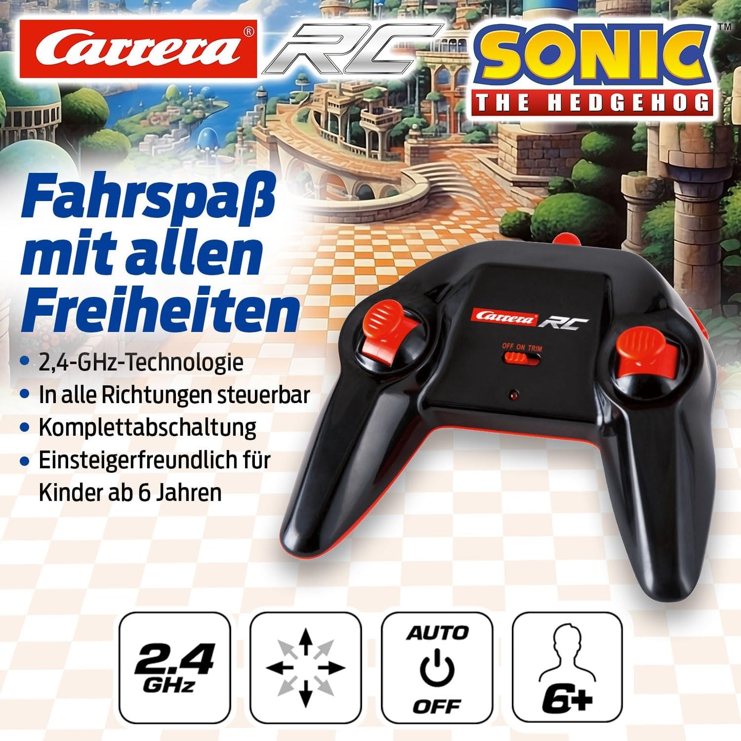 Carrera RC Team Sonic Racing - Sonic | Remote Controlled Car | Racing Car with LED Headlight | 27 cm Length | From 6 Years | LiFePo4 Battery | Ready-to-Run | 20 Minutes Driving Time