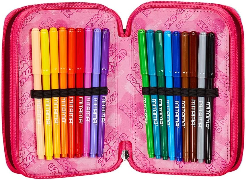 Seven Pencil Case with 3 Compartments Pink 3 Compartments Complete with Pencils, Felt Tip Pens, Colours, Accessories Backpack, Primary School, Medium, Top, Girls and Girls, Pink, Taglia Unica, School,