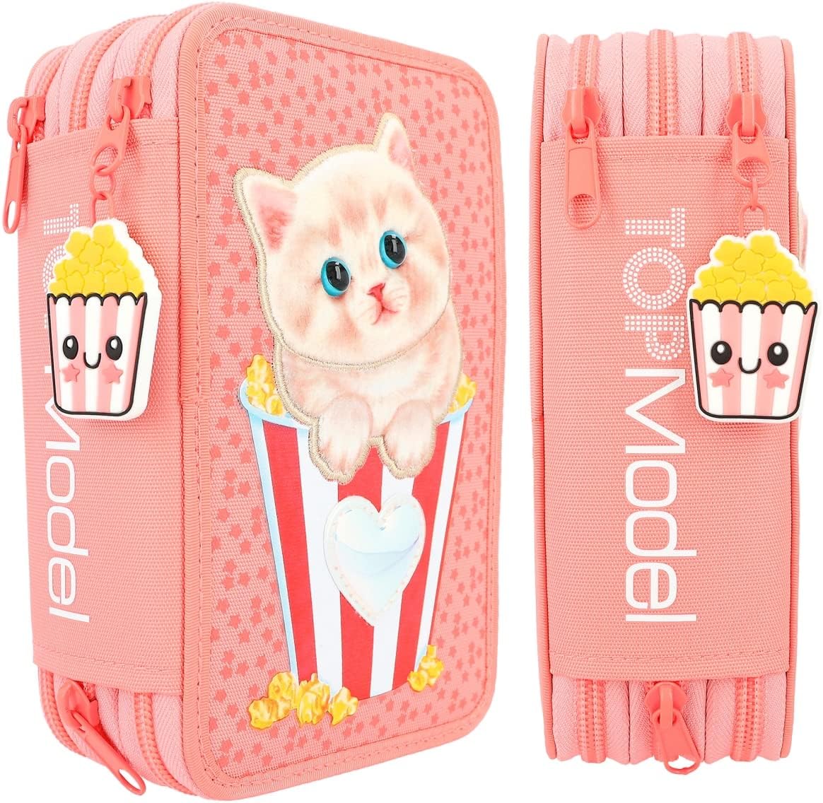 Depesche 12384 TOPModel Cutie Star Filled 3-Compartment Pencil Case with Cat Appliqué and Star Print, Pencil Case with Colouring Pencils, Scissors, Ruler and much more