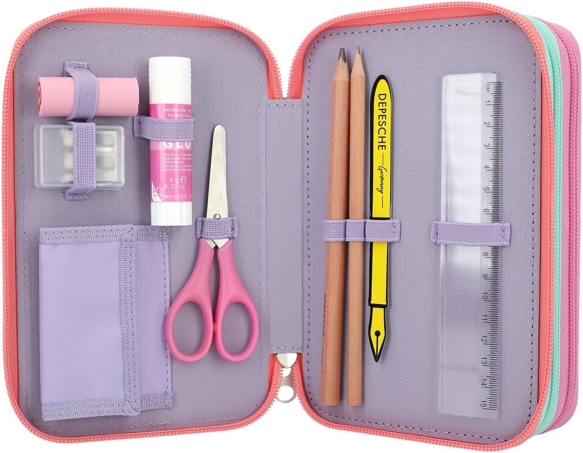 Depesche 12591 TOPModel Snap Shots - Filled 3-Compartment Pencil Case with Cute Embroidery Details, Pencil Case with Colouring Pencils, Ruler, Scissors and Much More