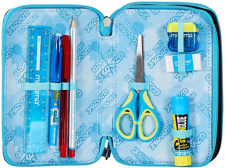 Seven Pencil Case with 3 Compartments Blue 3 Compartments Complete with Pencils, Felt Tip Pens, Colours, Accessories Backpack, Primary School, Medium, Top, Kids and Boys, Blue, Taglia Unica, School,