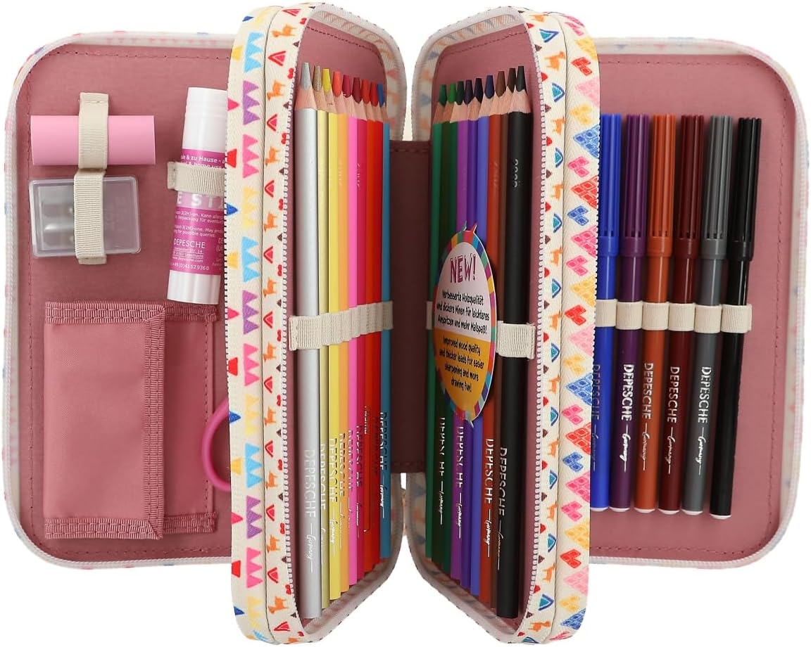 Depesche 12583 TOPModel Cosy - Filled 3-Compartment Pencil Case, Model Motif with Teddy Faux Fur, Pencil Case with Coloured Pencils, Ruler, Scissors and much more, Pink, Backpack