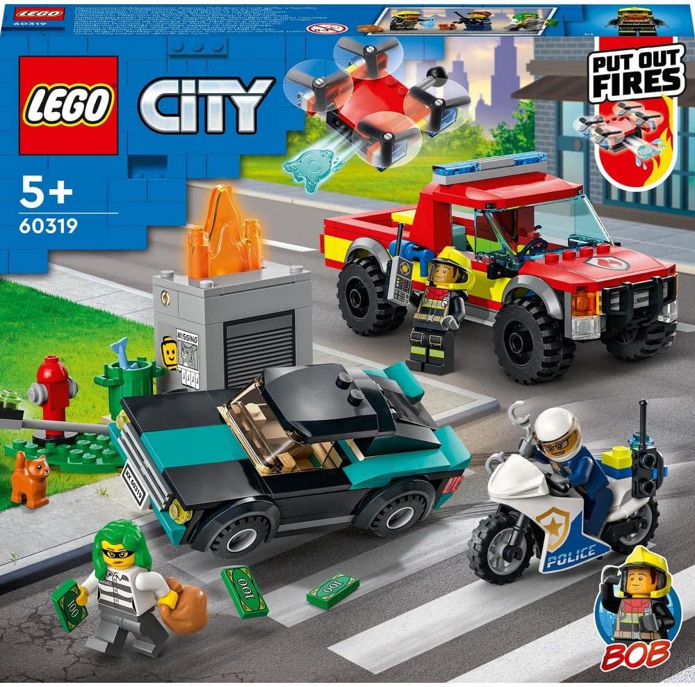 LEGO 60319 City Fire and Chase with Fire Engine and Motorcycle, Police and Fire Engine Set with Car Toy and Drone, Gift for Children, Boys and Girls