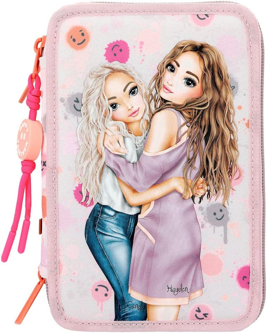 Depesche 11741 TOPModel Happy Together - Filled 3-Compartment Pencil Case with Model Motif and Smiley Pattern, Pencil Case with Colouring Pencils, Scissors, Ruler and much more, multicoloured, Modern