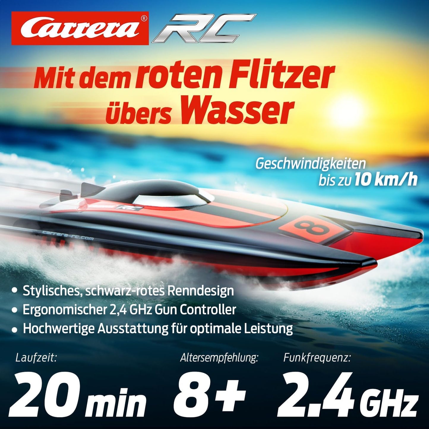 Carrera RC 2.4 GHz Race Catamaran, Remote Controlled Boat, Up to 10 km/h, 31 cm Length, Racing Boat for Water Fun at the Lake and Pool, Digital Proportional Technology, Driving Time 20 Minutes, from 8