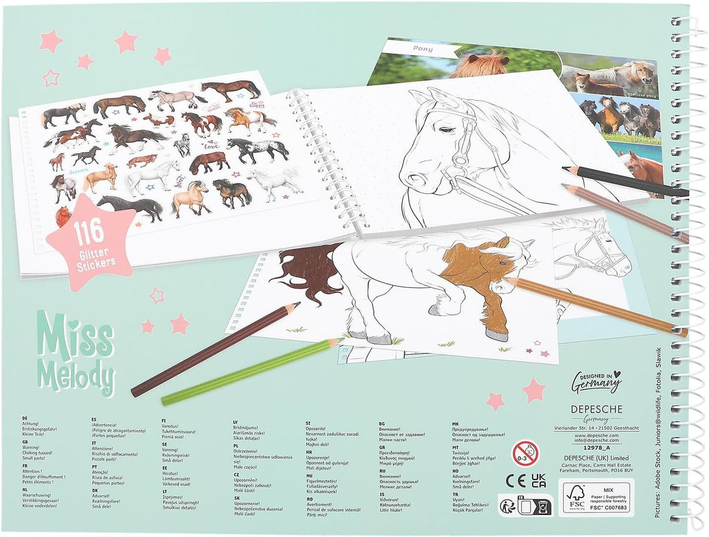 Depesche Miss Melody 12978 Colouring Book with 44 Pages for Creating Horse Motifs Includes Sticker Sheet