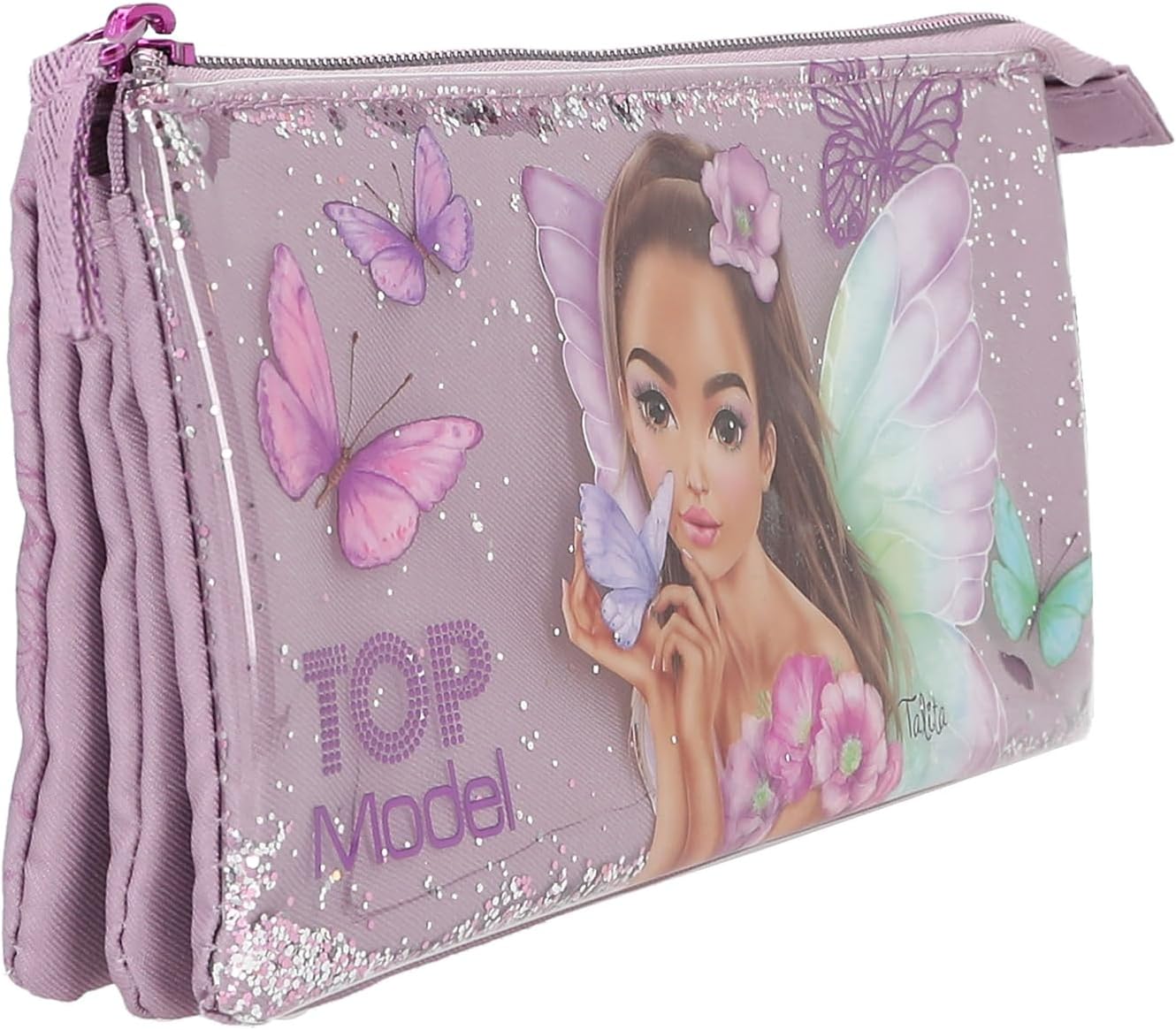 Depesche TOPModel Fairy Love 12782 Pencil Case in Mauve with Model Motif and Butterflies, Pencil Case with 3 Zip Compartments, Pink, Backpack