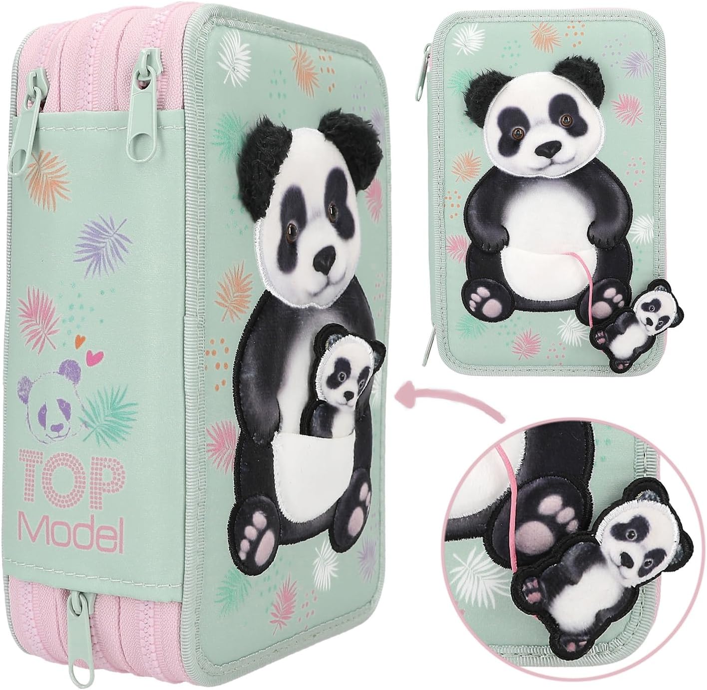 Depesche 12786 TOPModel Wild-Filled 3-Compartment Pencil Case in Mint Green, with Panda Applique, Leaves Pattern, Pencil Case with Colouring Pencils, Ruler, Scissors and Much More, Pink