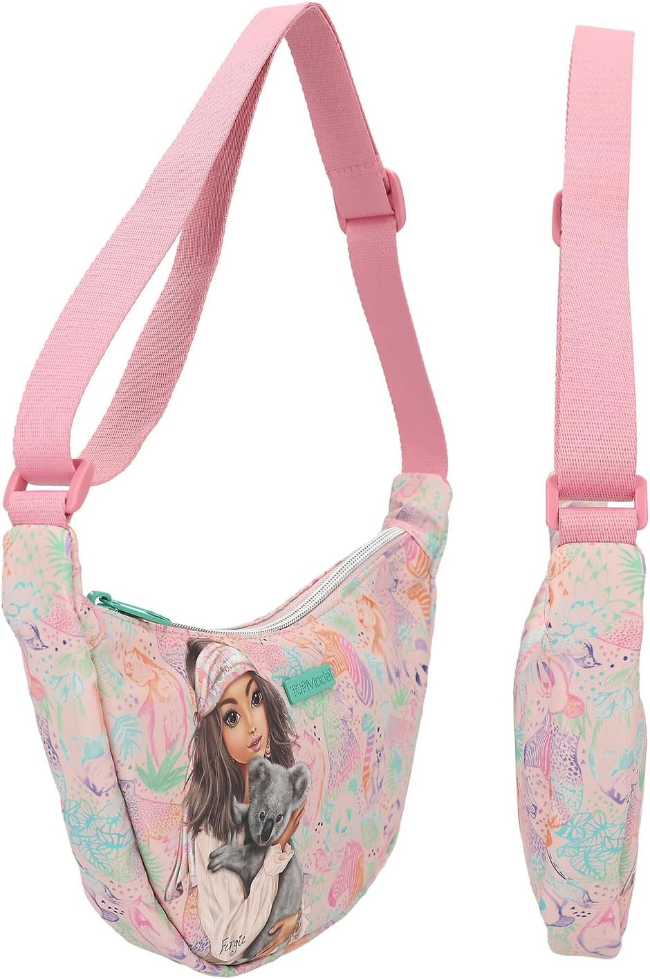 Depesche TOPModel Wild 12793 Small Crescent Moon Shoulder Bag in Pink with Model Motif and Colourful Animal Pattern, Bag with Adjustable Shoulder Strap