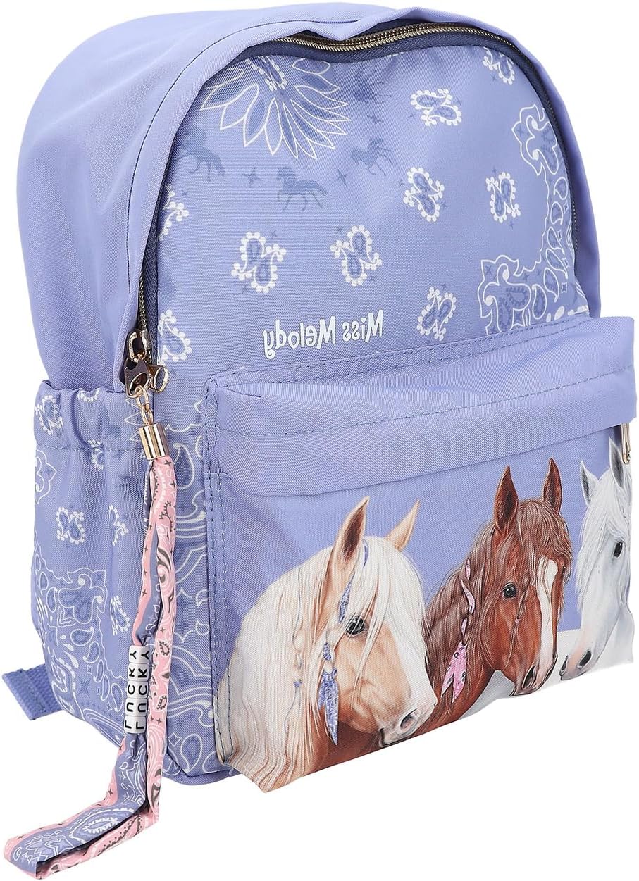 Depesche 12761 Miss Melody Bandana - Backpack in Smoke Blue with Horse Motif and Bandana Pattern, Bag with Adjustable Shoulder Straps