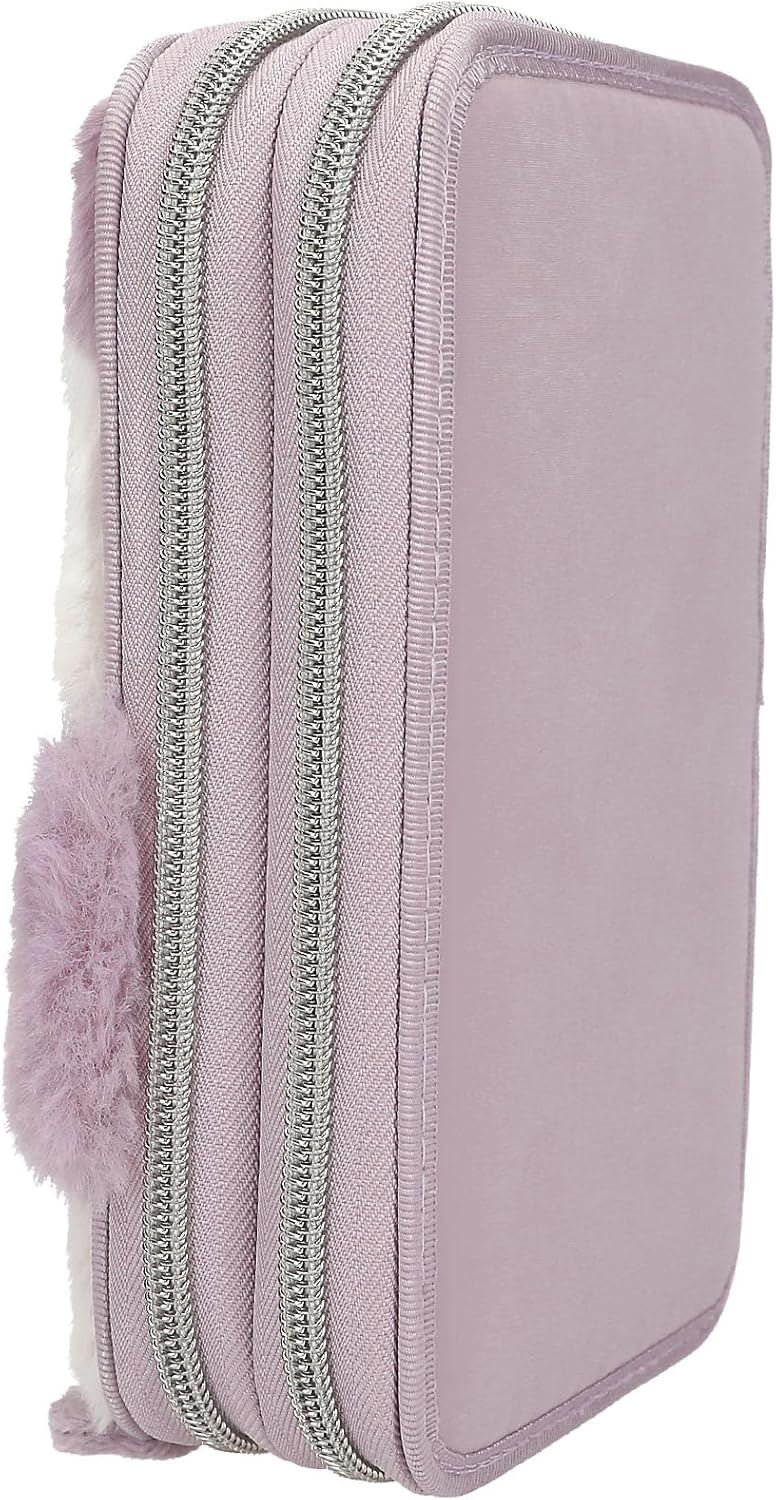 Depesche 13158 Princess Mimi Penguin - Filled 2-Compartment Pencil Case in Lilac and Cream with Penguin Motif and Plush Fur, Pencil Case with Colouring Pencils, Ruler, Scissors and much more