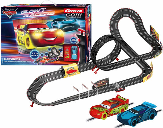 Carrera - 20062559 - Disney Cars Glow Racers I Classic Race Track with Disney Colours I 24 Metre Track Ergonomically Shaped Hand Controls I Perfect I With Spinning Top for Extra Fun