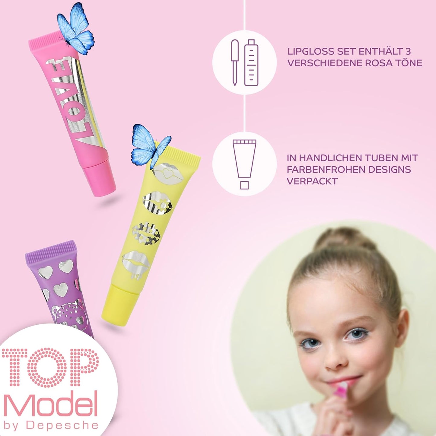 TOPModel Beauty and Me Lip Gloss Set, 1 Set with 3 Lip Gloss + TopModel Eyebrow Set, Beauty and Me Set of 2 in 2 Colours, Child-Friendly Make-Up Fun for Girls