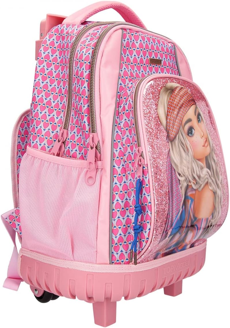 Depesche 11991 TOPModel Seventies School Backpack with Glitter, Model Motif and Cool Heart Pattern, Trolley for Children with 3 Compartments, Telescopic Handle and Wheels, Pink, Red, Waterproof