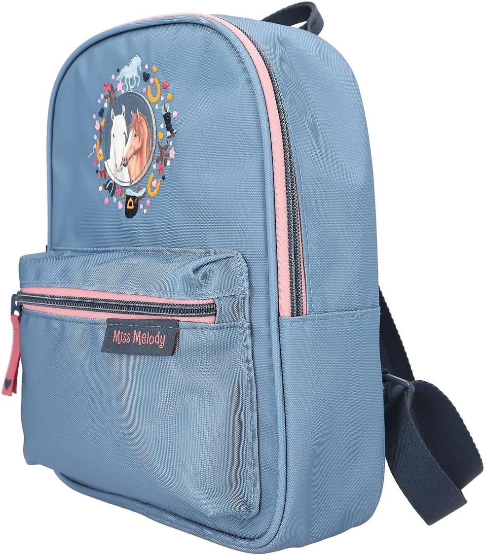 Depesche 12536 Miss Melody Little Farm Backpack for Children in Blue with Horse Motif, Bag with Adjustable Straps