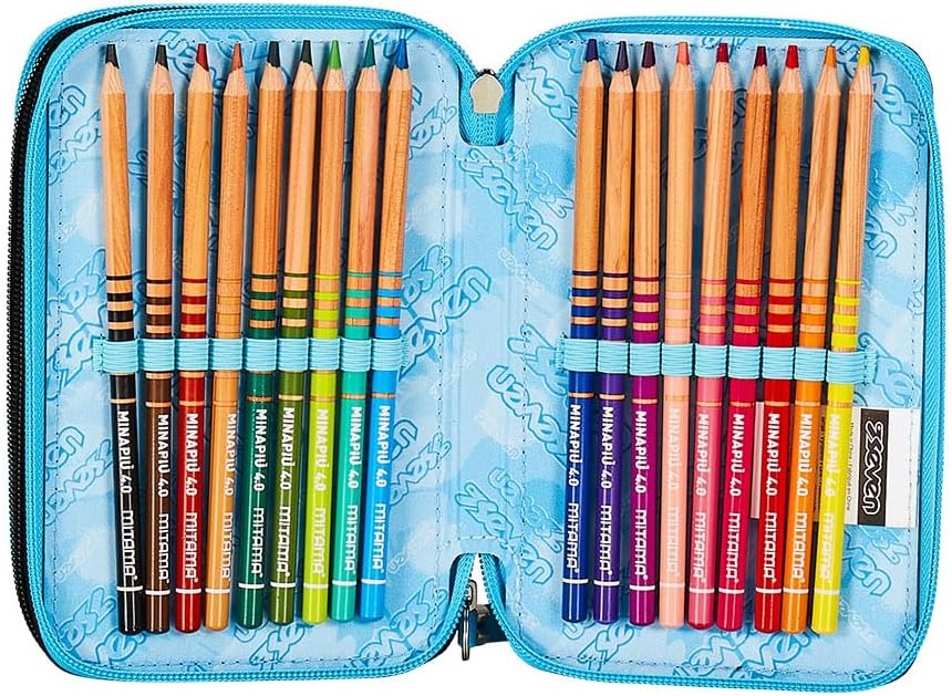 Seven Pencil Case with 3 Compartments Blue 3 Compartments Complete with Pencils, Felt Tip Pens, Colours, Accessories Backpack, Primary School, Medium, Top, Kids and Boys, Blue, Taglia Unica, School,