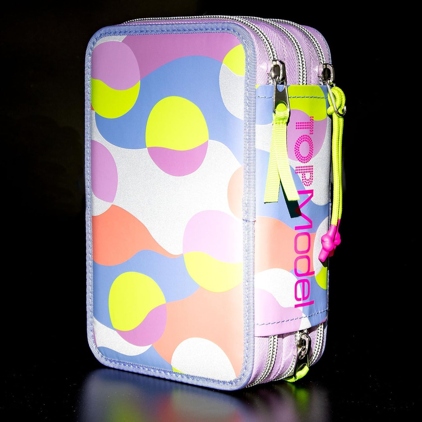 Depesche 12749 TOPModel Flash - Filled 3-Compartment Pencil Case with Model Motif and Colourful Graphic Pattern Made of Reflector Material, Pencil Case with Colouring Pencils, Ruler, Scissors and Much