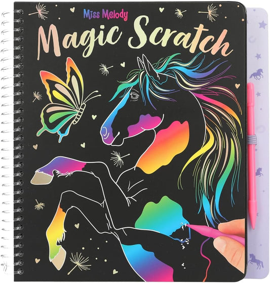 Depesche 12731 Miss Melody Magic Scratch Book with 20 Pages of Fantastic Scratch Motifs, Book with Colourful Gradient and Scratch Pen, Black