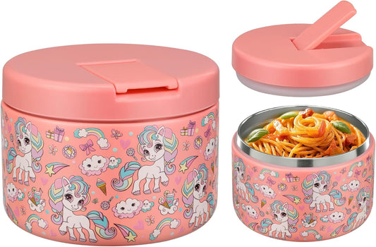 Itslife Thermal Food Container, 350 ml, Stainless Steel Warming Container, Children's Leak-proof Lunch Container with Buckle Cover, Wide Neck, Insulation, Suitable for Cold and Hot Food, Pink Unicorn