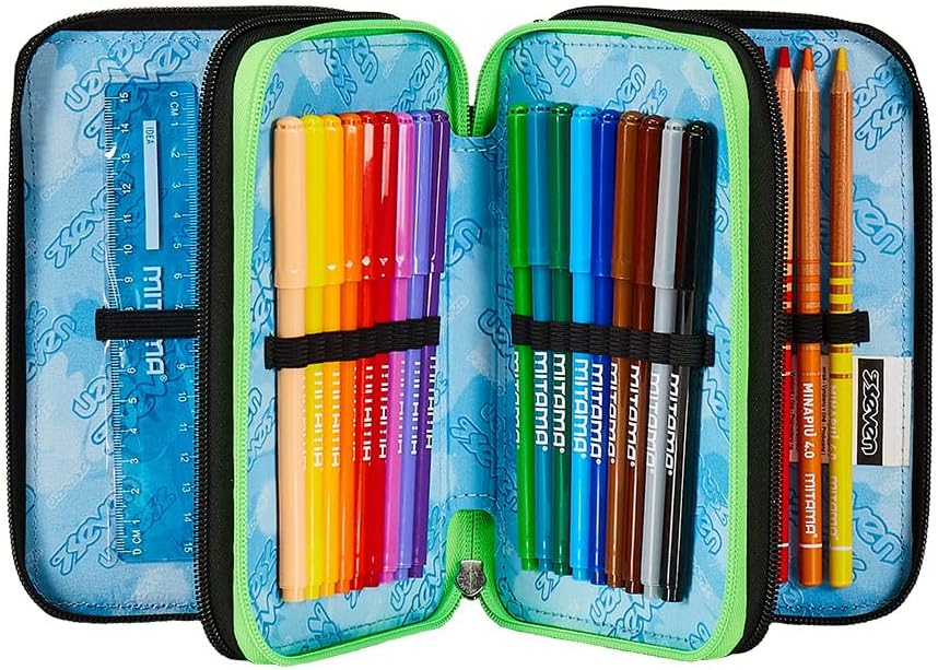 Seven Pencil Case with 3 Compartments Black 3 Compartments Complete with Pencils, Felt Tip Pens, Colours, Accessories Backpack, Primary School, Medium, Top, Kids and Boys, Black, School, black, School