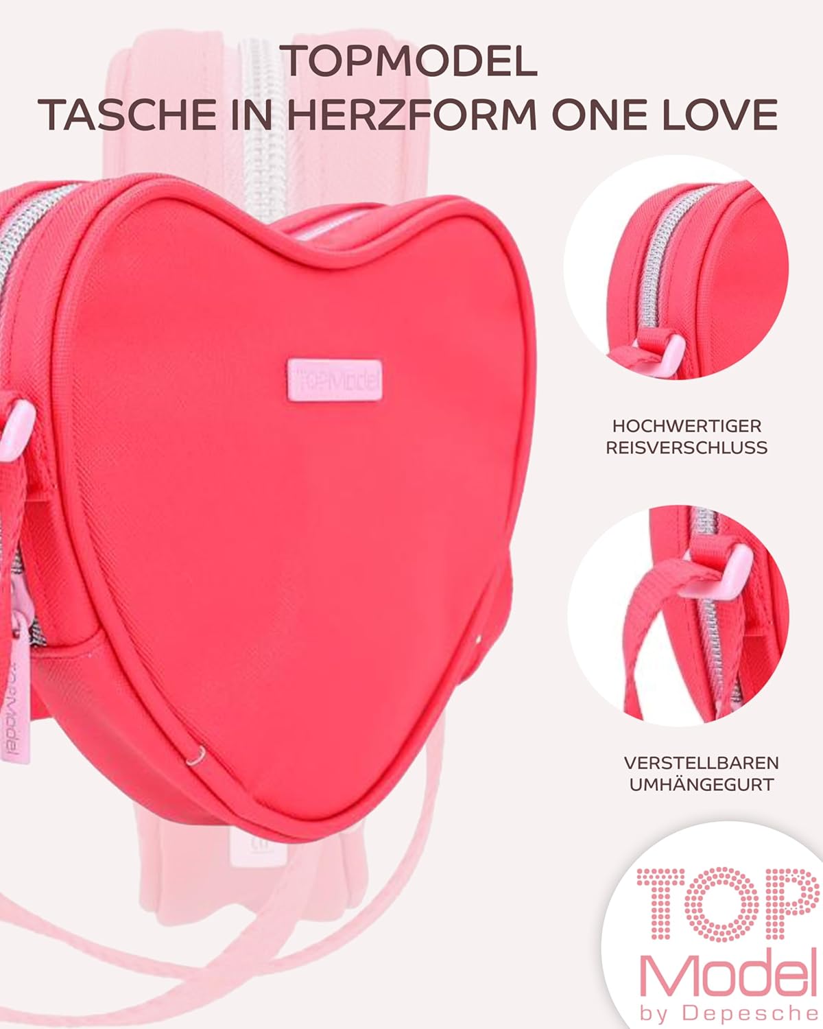 Depesche TOPModel One Love + TopModel Backpack Heart Shape One Love - Perfect Accessory Duo with Charming Heart Design for School and Everyday Life, Ideal for Stylish Girls, multicoloured