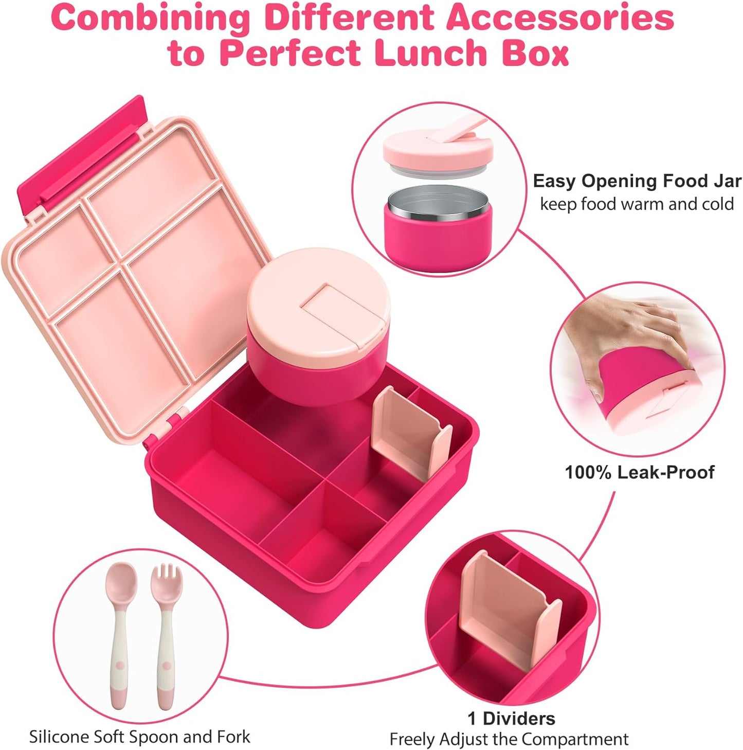 Children's Lunch Box Set with 300 ml Thermal Container for Food, Leak-Proof Lunch Box Children with 4 Compartments, Insulated Lunch Bag, BPA-Free Thermal Lunch Box Children, School, Excursions, Pink