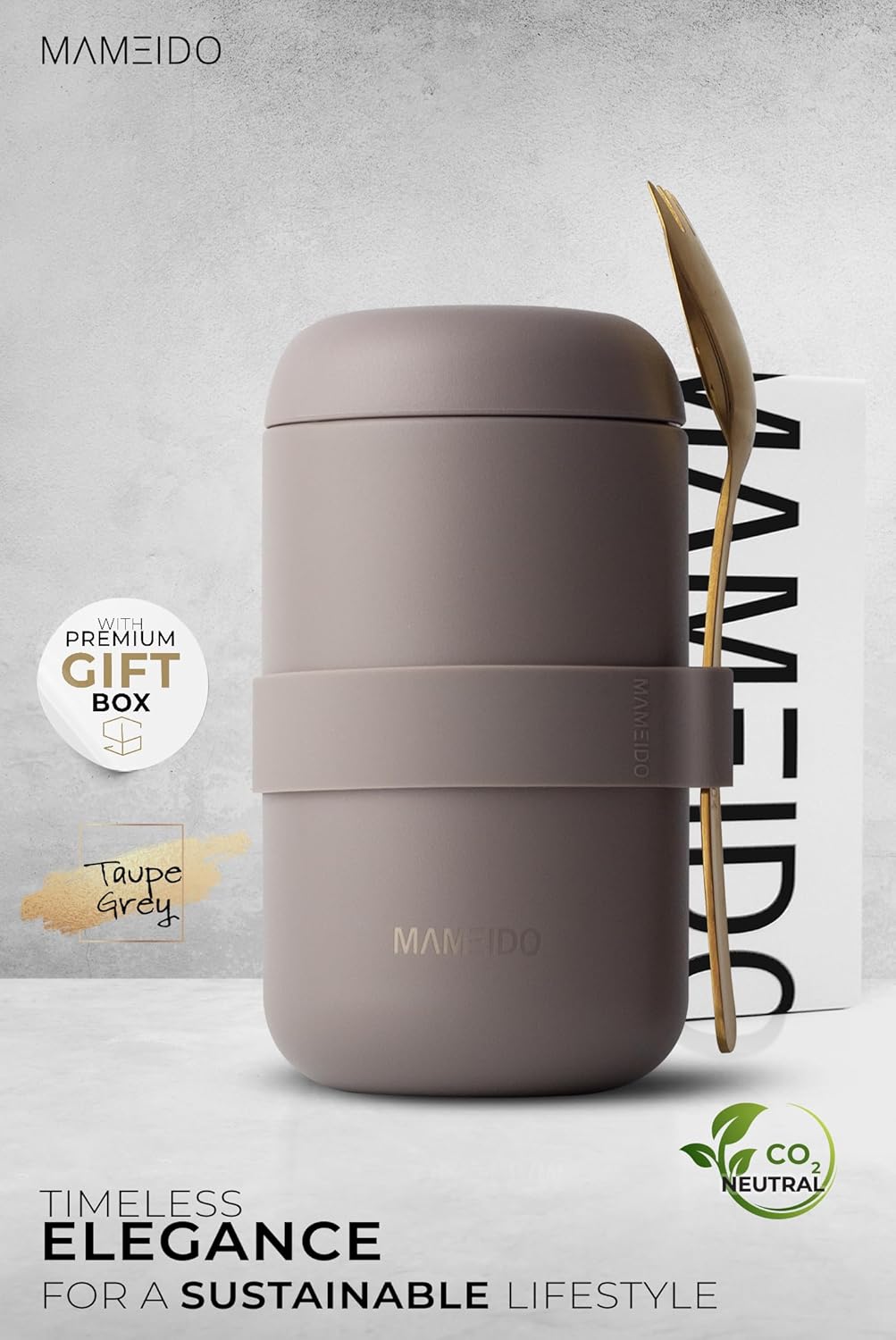 MAMEIDO Thermal Container for Food, 500 ml, Cereal Cup to Go, Stainless Steel, Thermal Mug, Food Leak-Proof, Ideal for Yogurt, Porridge, Baby Porridge, Soups and Ice Cream (Taupe Grey, 0.5 L)