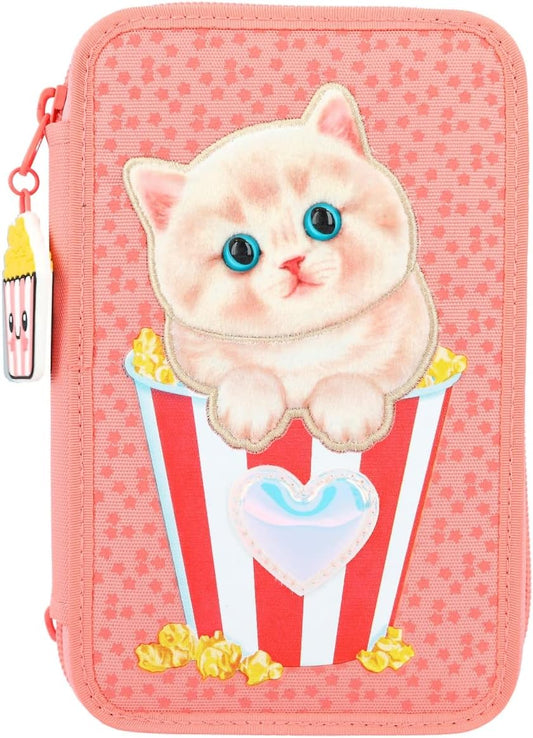 Depesche 12384 TOPModel Cutie Star Filled 3-Compartment Pencil Case with Cat Appliqué and Star Print, Pencil Case with Colouring Pencils, Scissors, Ruler and much more