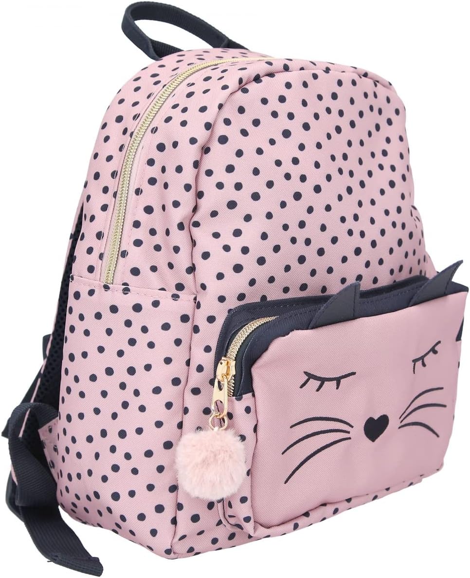 Depesche 11915 Princess Mimi Backpack in Light Pink, Polka Dot Pattern, a Cat Face and Small Ears, Daypack with Main Compartment, Front Pocket, Padded Straps and a Plush Charm, black, Rucksack