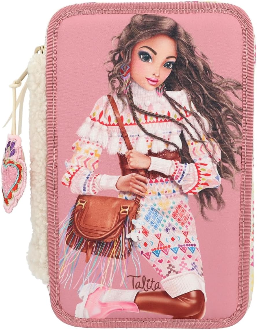 Depesche 12583 TOPModel Cosy - Filled 3-Compartment Pencil Case, Model Motif with Teddy Faux Fur, Pencil Case with Coloured Pencils, Ruler, Scissors and much more, Pink, Backpack